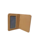 Closed tan leather wallet with smooth finish and clean stitching