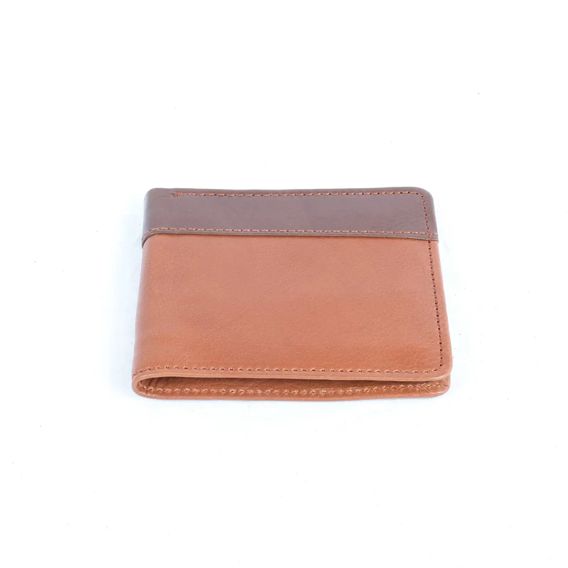 Handcrafted two-tone leather wallet in light and dark brown – premium bifold design.