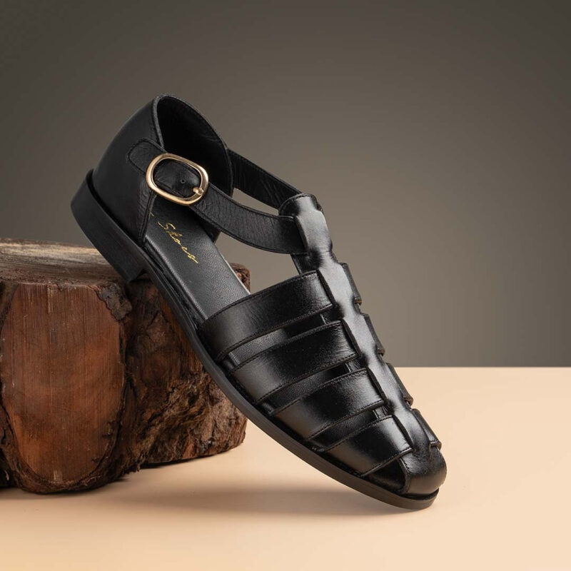 Raven Black Leather Peshawari Chappal by Wolveyes – handcrafted elegance