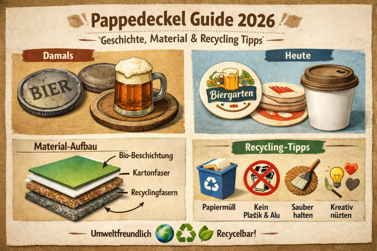 Infografik „Pappedeckel Guide 2026“ mit vier Bereichen: links historische Bierdeckel („Damals“)