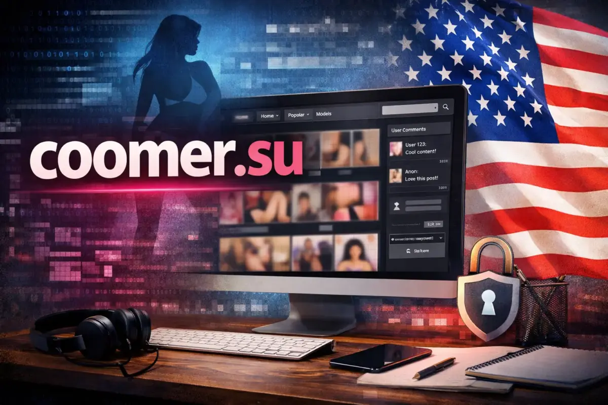 coomer.su website displayed on a desktop monitor with American flag background, highlighting online community and digital safety for users in the USA